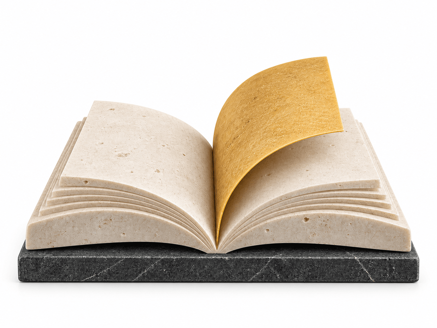 An open limestone book with a golden page, representing perspectives grounded in industry experience.