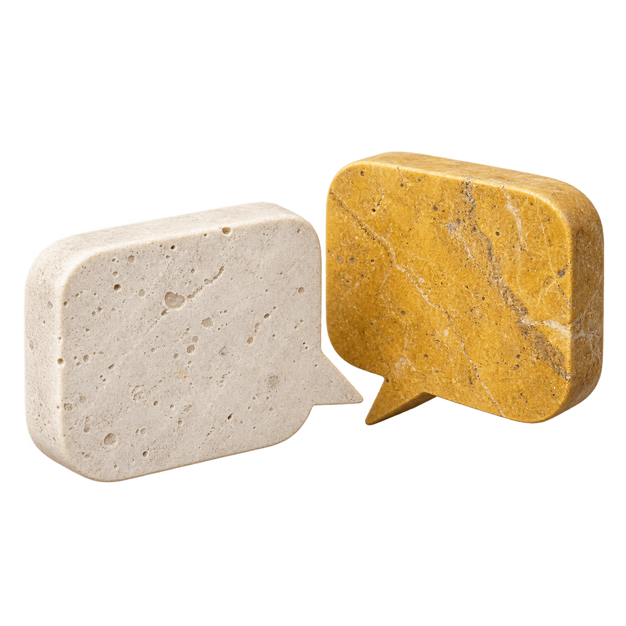 Two sculpted stone speech bubbles facing one another, representing a conversation.