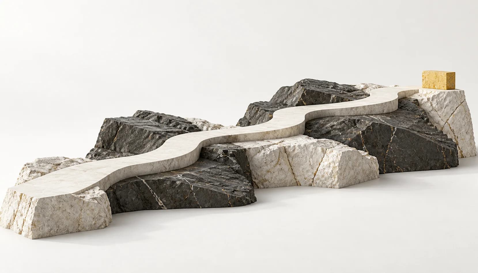 A limestone path crosses layered basalt terrain toward a yellow stone marker.